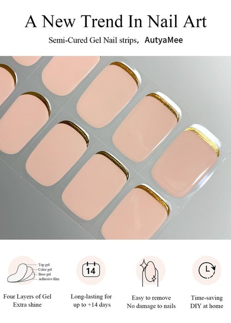 AutyaMee Semi Cured Gel Nail Strips (Gold End), Gold Foil Line Design, Nude, 20 Pcs Gel Nail Wraps, Stickers, UV Light Required, Salon Quality, Long Lasting
