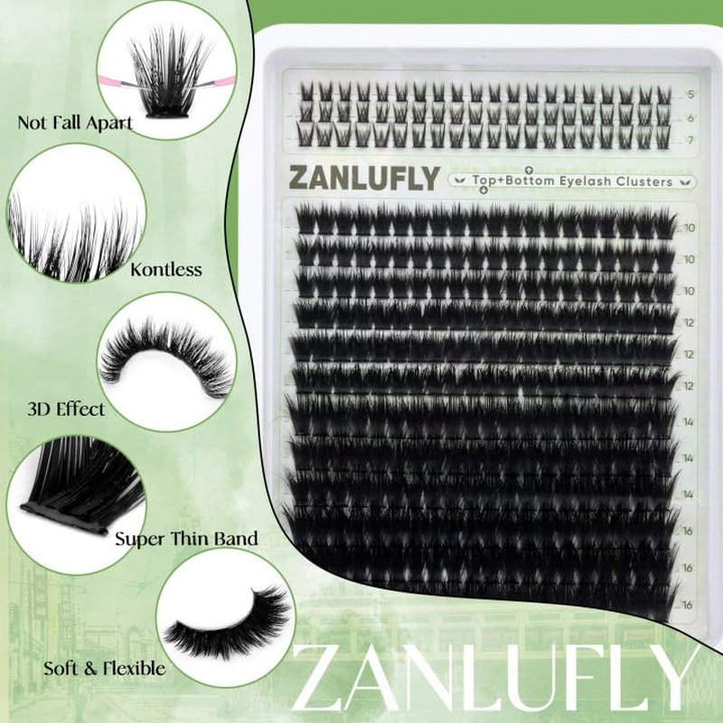 Volume Lash Clusters with 5-7MM Bottom Lashes D-curly Eyelash Clusters Wispy Lash Extension 300Pcs Individual Lashes Thin Band Cluster Eyelash Extension 10-16MM Cluster Lashes DIY at Home by ZANLUFLY