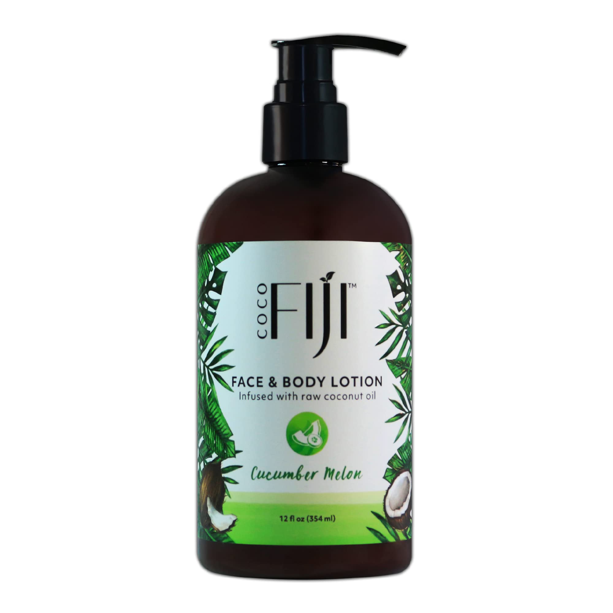 Coco Fiji Face & Body Lotion Infused With Coconut Oil | Lotion for Dry Skin | Moisturizer Face Cream & Massage Lotion for Women & Men | Cucumber Melon 12 oz, Pack of 1