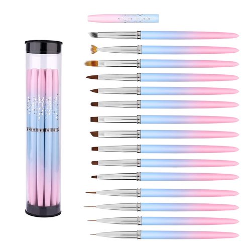 15pc Nail Art Brush Set - Design & Clean Up Brushes for Acrylic & Gel Polish Painting