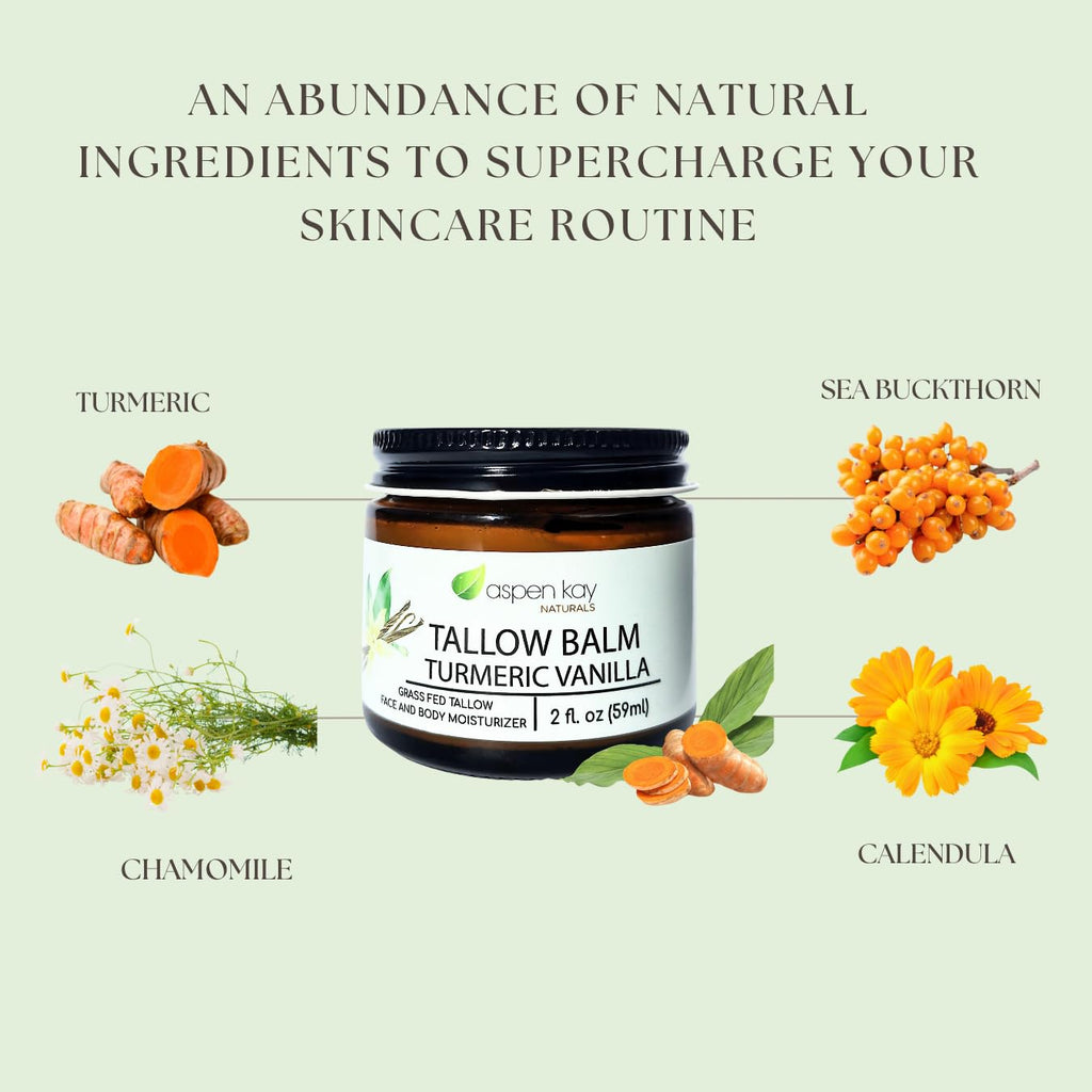 Aspen Kay Naturals Handmade Grass Fed Beef Tallow Balm with Turmeric and Vitamin C for Face and Body, Organic Vanilla Turmeric Skin Moisturizer for Dull Dry Skin, Natural Glow, 2 fl oz, Made in USA