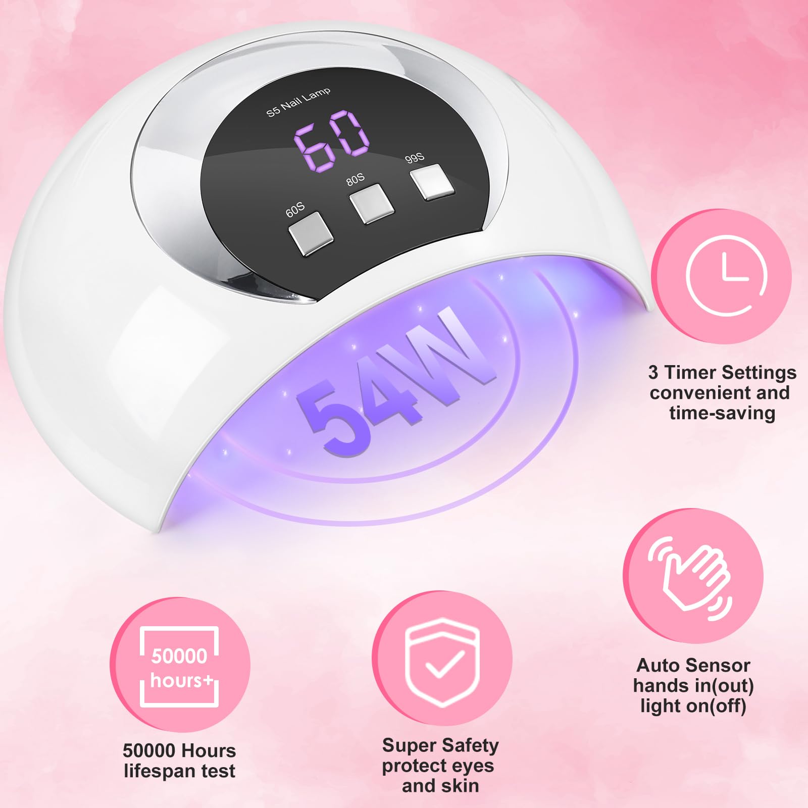 Wisdompark UV LED Nail Lamp, 54W UV Light for Gel Nails with Automatic Sensor/3 Timer Setting Professional Nail Dryer Gel Polish Curing Lamp Nail Art Tools