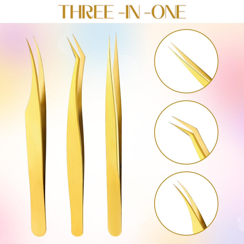 3 PCS Lash Tweezers for Eyelash Extensions, High Precision Gold Metal Tweezers Set Fiber Tip and Curved Isolation Tweezers Eyelash Extension Tools for Women Volume Lash, Crafting, Jewelry Making