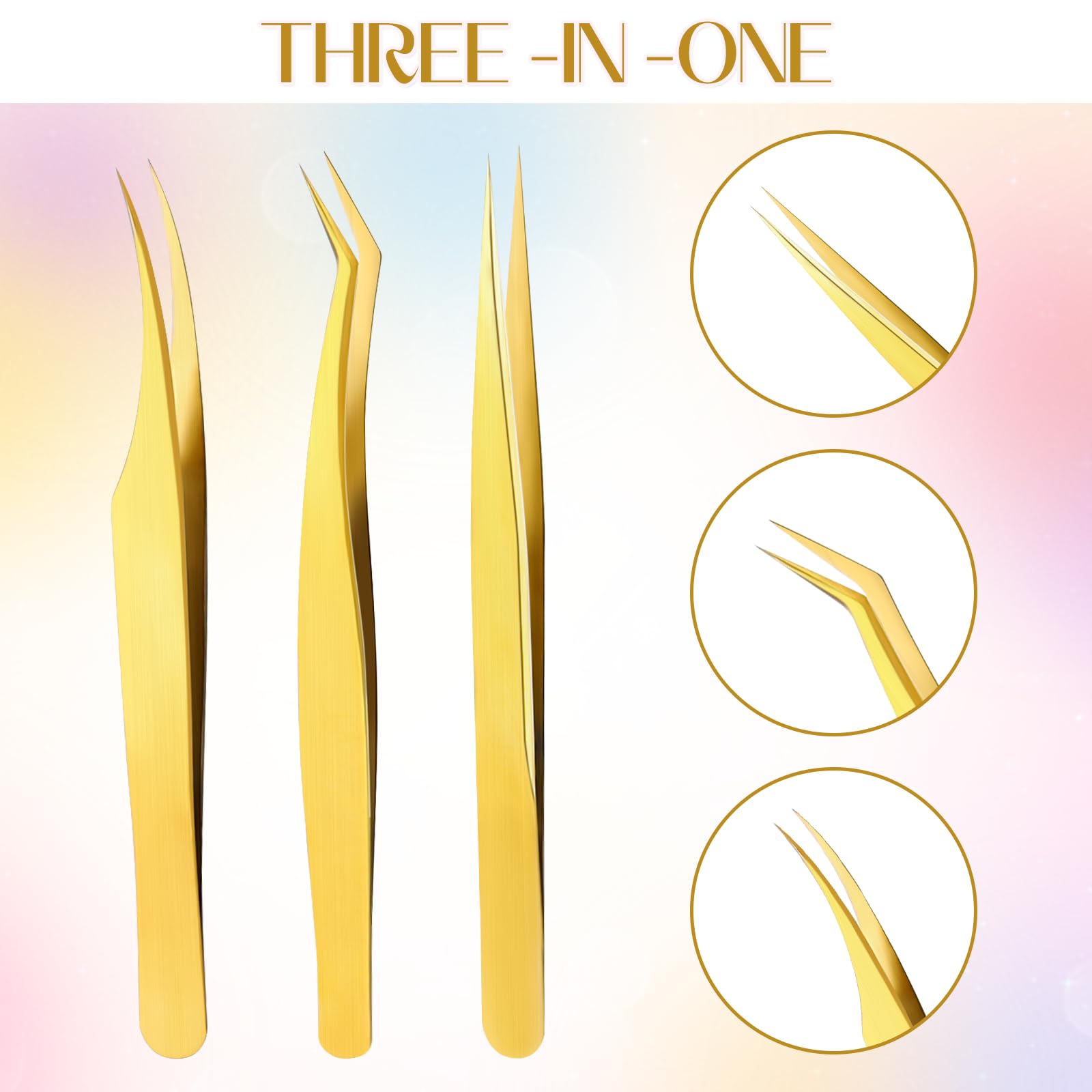 3 PCS Lash Tweezers for Eyelash Extensions, High Precision Gold Metal Tweezers Set Fiber Tip and Curved Isolation Tweezers Eyelash Extension Tools for Women Volume Lash, Crafting, Jewelry Making