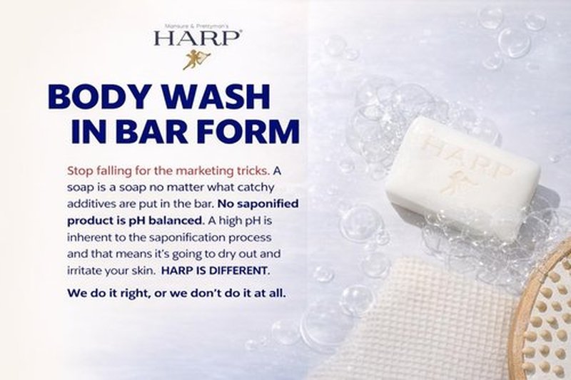 HARP® FRAGRANCE FREE Body Wash Bar – pH Balanced (5.0–6.0) Syndet Cleanser, No Lye, Non-Comedogenic, Gentle for Sensitive & Dry Skin, With Shea Butter & Borage Oil. 5oz Bars