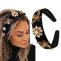 Coridy Black Baroque Headband Pearl Rhinestones Hairband with Beaded Hair Ties Handmade Velvet Hair Hoop Wide Head Band for Women (Bee)