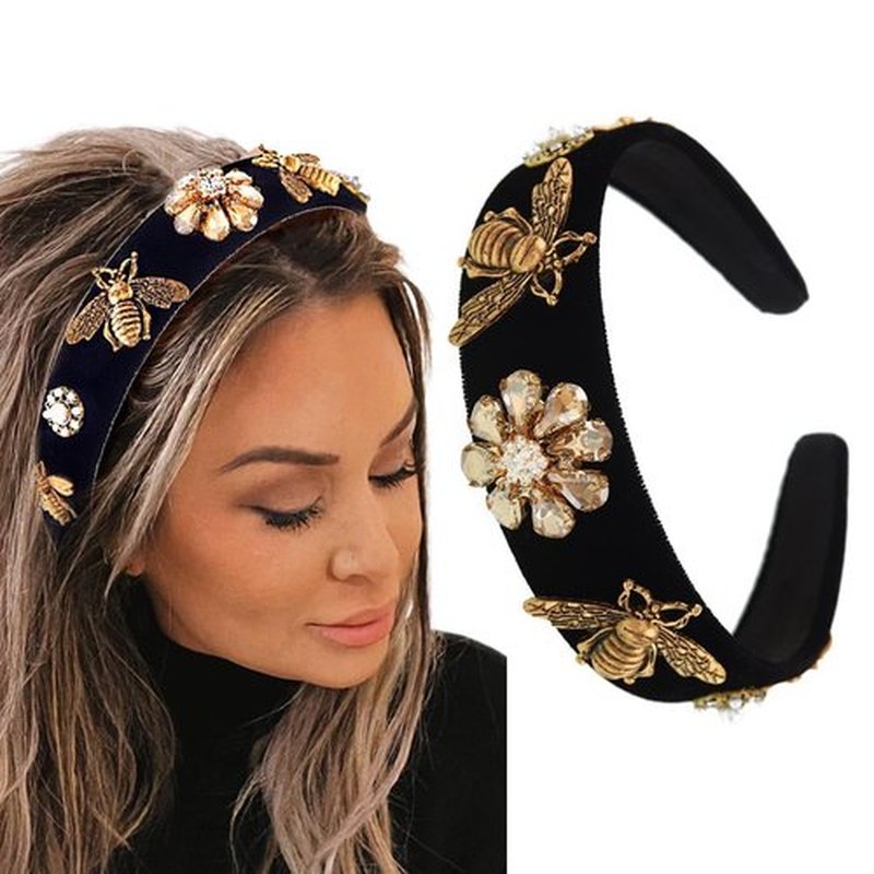 Coridy Black Baroque Headband Pearl Rhinestones Hairband with Beaded Hair Ties Handmade Velvet Hair Hoop Wide Head Band for Women (Bee)