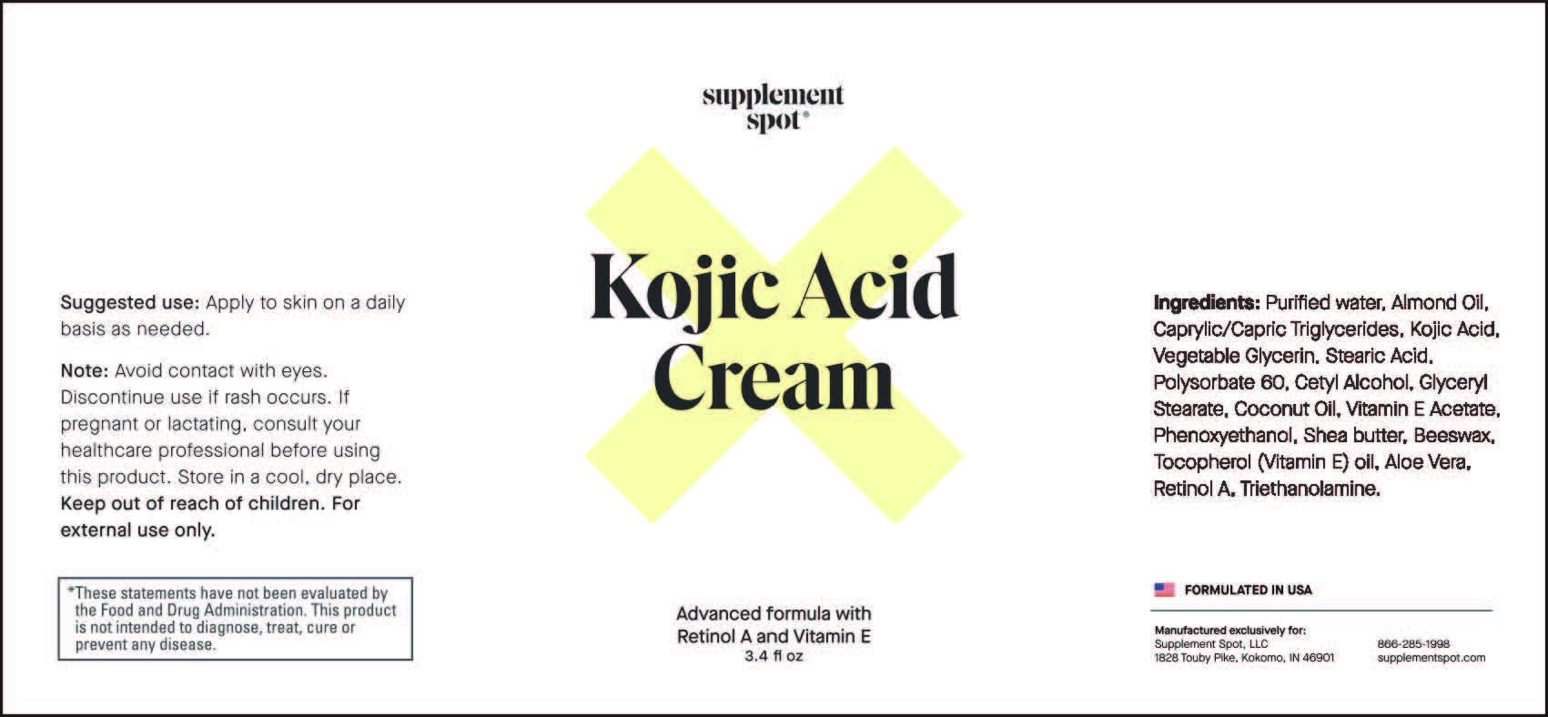 Supplement Spot Kojic Acid Cream for Dark Spots, Retinol A & Vitamin E Dark Spot Treatment for Women - Anti-Aging & Even Skin Tone – Natural Kojic Acid Face Cream for Women, 3.4 Oz
