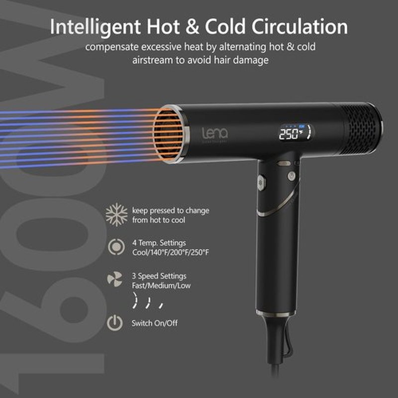 LENA Travel Hair Dryer - Powerful Ionic Foldable Hairdryer | Lightweight, Fast Drying & LED Display