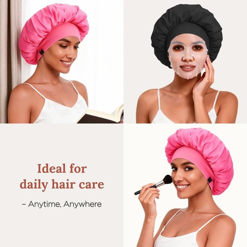 2Pcs Bonnet for Sleeping Women, Satin Adjustable Silk Hair Bonnet for Sleeping, Wide Band Sleep Caps for Curly Hair, Black & Rose Red