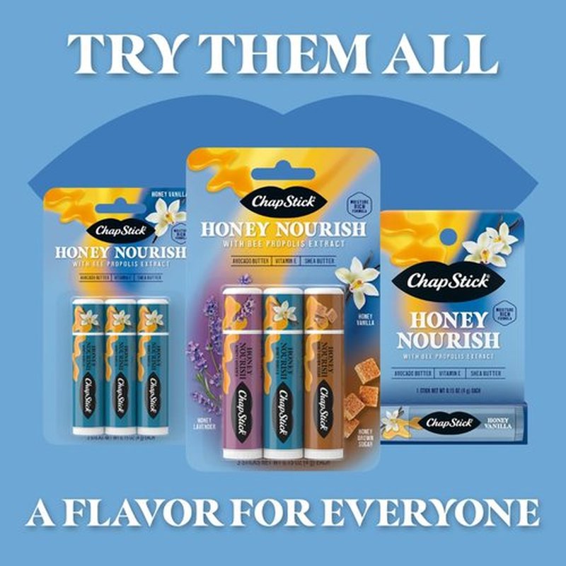 ChapStick Lip Balm Honey Nourish, Moisturizing Fomula with Shea Butter and Avocado Butter, Vitamin E, Honey Vanilla Flavor, 3CT BC .45OZ