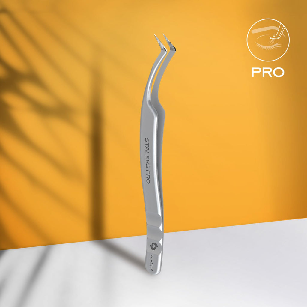 STALEKS PRO Expert 45 Type 2 Professional Eyelash Tweezers (L-Shaped 40°) – Stainless Steel with Nano-Notches for Volume & Mega-Volume Lash Extensions & Enhanced Visibility