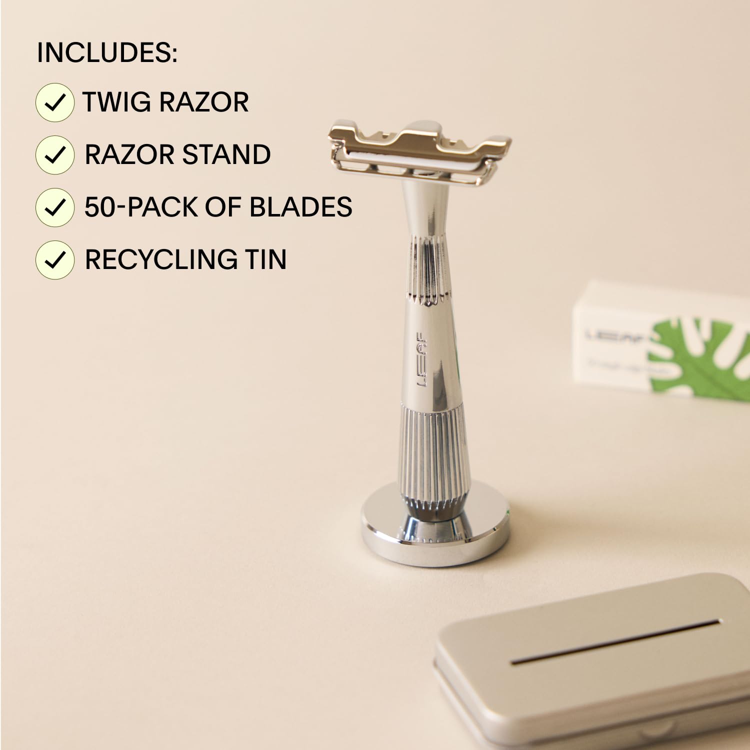 Leaf Shave | Leaf Twig Razor Set, Includes Twig Razor, Matching Stand, 50-Pack Single-Edge Blade Refills, and Blade Bank - Rose Gold