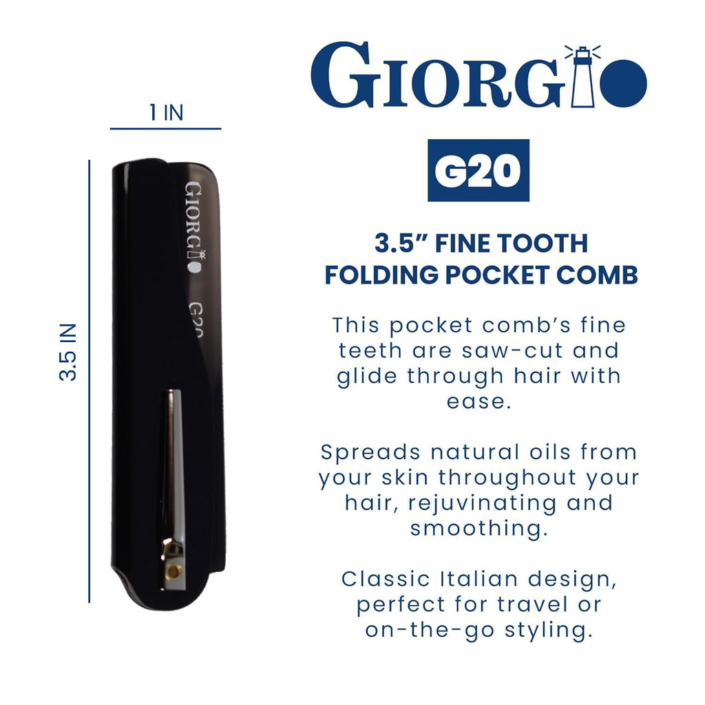 Giorgio G20G Fine Tooth Folding Mustache and Beard Comb - Small Pocket Comb for Everyday Hair Care and Styling - Sawcut and Hand Polished (Black Graphite)