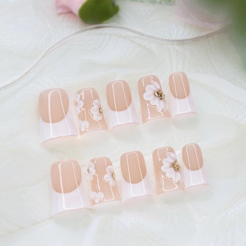 Duck Press on Nails Short Handmade 3D Unique Flower Fake Nails White French Tip False Nails with Designs Thick and Muti-Layer Gel Acrylic Nails Glossy Glue on Nail for Women (Size S)
