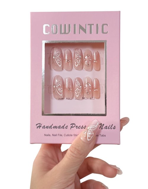 Handmade Press on Nails - Medium Pointed Almond Shape, Fake Nails Short Oval, Reusable Acrylic Stick on False Nails Kit for Women/K07-M
