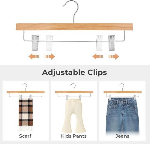 HOUSE DAY Premium Wooden Pants Hangers - 25 Pack Solid Lotus Wood with Adjustable Clips | Heavy Duty Anti-Slip Design (Natural)