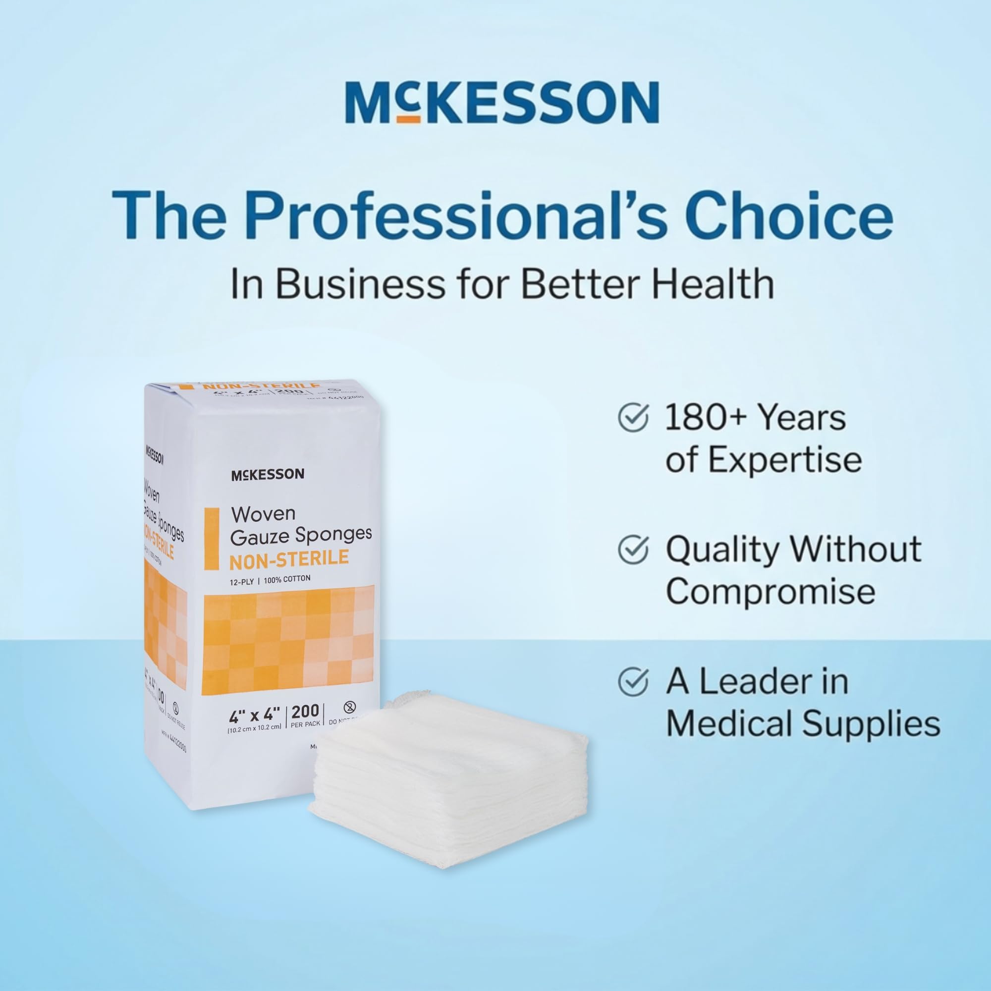 McKesson Non-Sterile Woven Gauze Pads 4x4 Inch [2000 Count] - 12-Ply 100% Cotton Breathable Woven Gauze Sponges for Wound Care & First Aid Medical Supplies