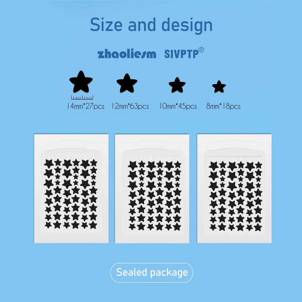 ZHAOLIESM Black Star Pimple Patches for Face, 153 Counts Hydrocolloid Star Acne Patches, Cute Zit Covers for Face, Spot Stickers with Tea Tree, Salicylic Acid and Cica Oil