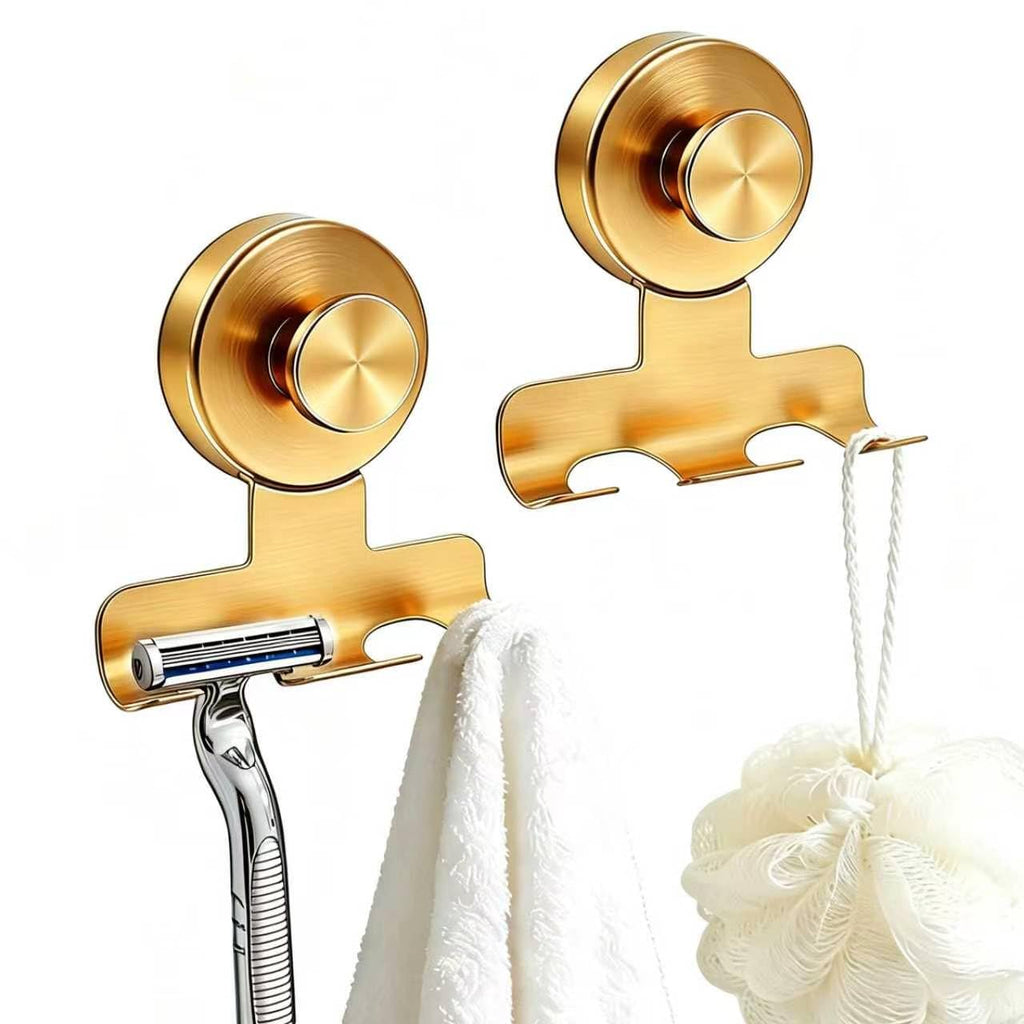 IGDALAR Suction Cup Razor Holder, 2 Pack Steel Wall Mount, No-Drill Bathroom Storage with 15 lbs Capacity, Modern Twist Lock Design for Shower Razors, Towels and Loofahs (Glod)