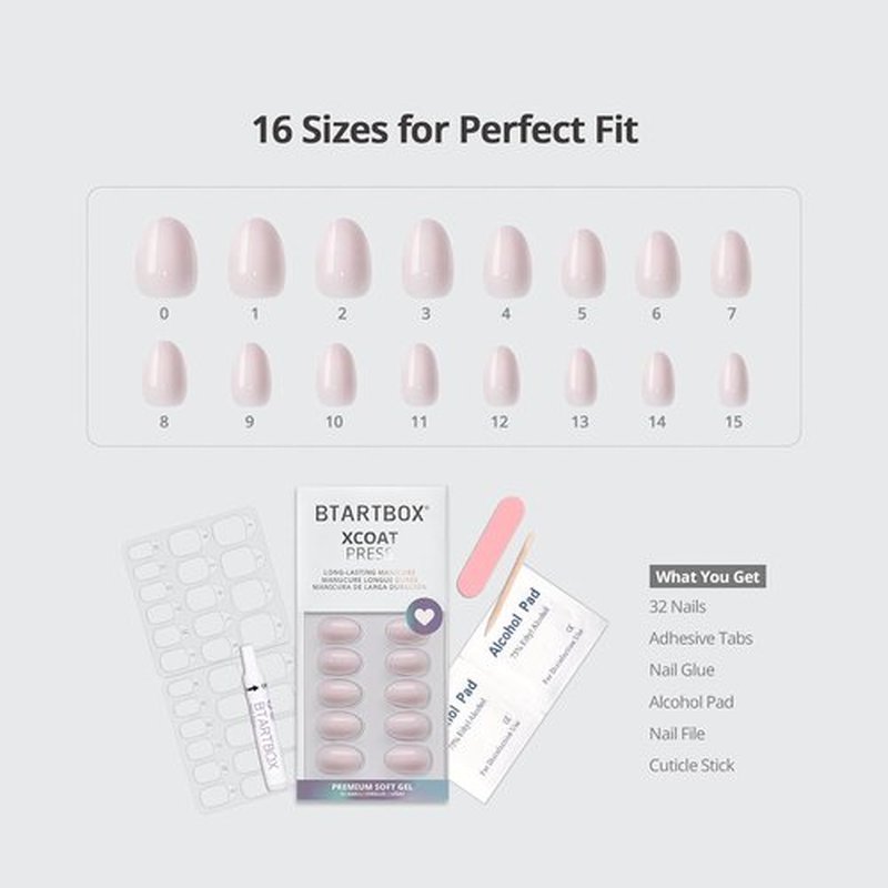 BTArtbox Press On Nails - Almond Shape, Power Calm Nude Pink, 4-Week Wear | 32 Nails in 16 Sizes