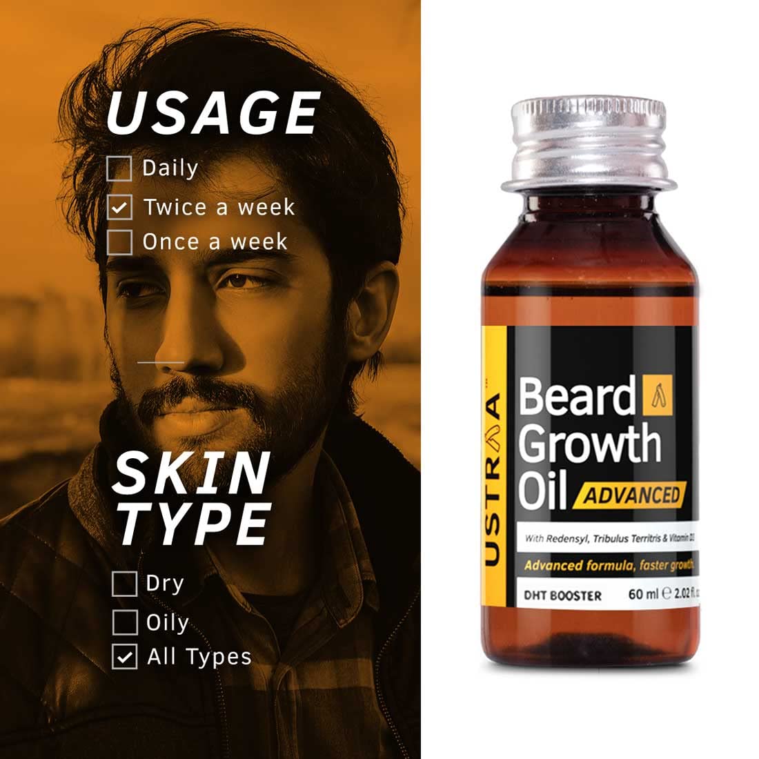 Ustraa Beard Growth Oil Advanced - 2oz - For Patchy Beard, With Redensyl, DHT Booster, Nourishment & Moisturization, No Harmful Chemicals