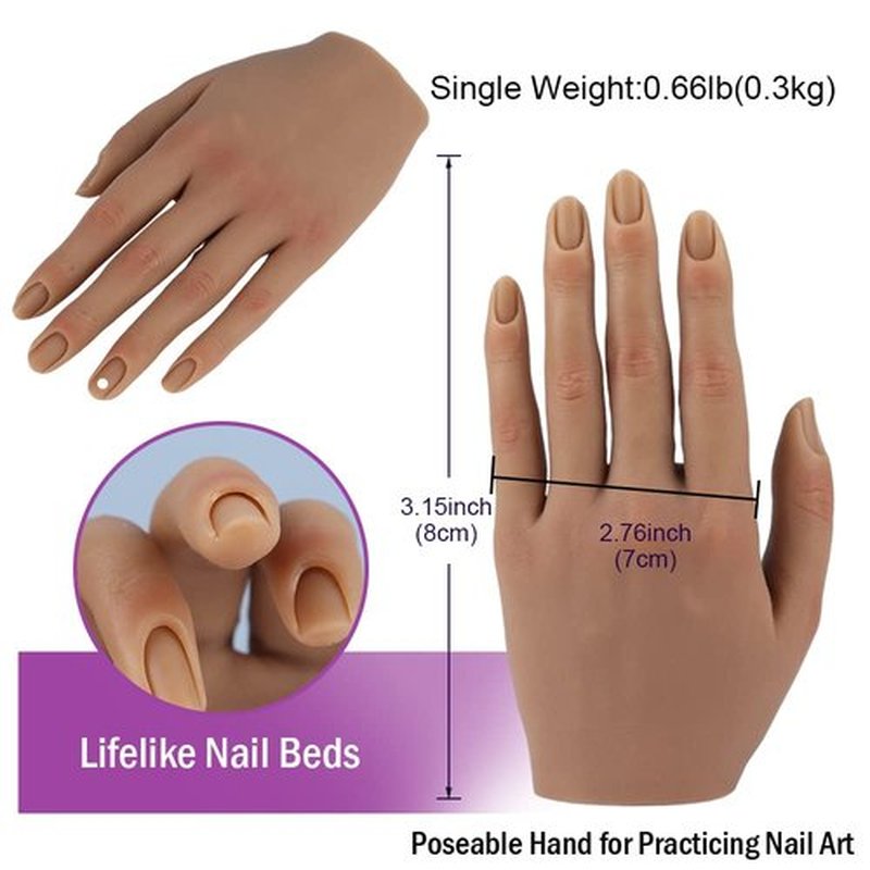 Practice Silicone Hand Female Mannequin Life Size Hand as Sketch Nail Practice Hands Jewelry Ring Glove Watch Display with Nail 18cm (Left hand, Light brown)