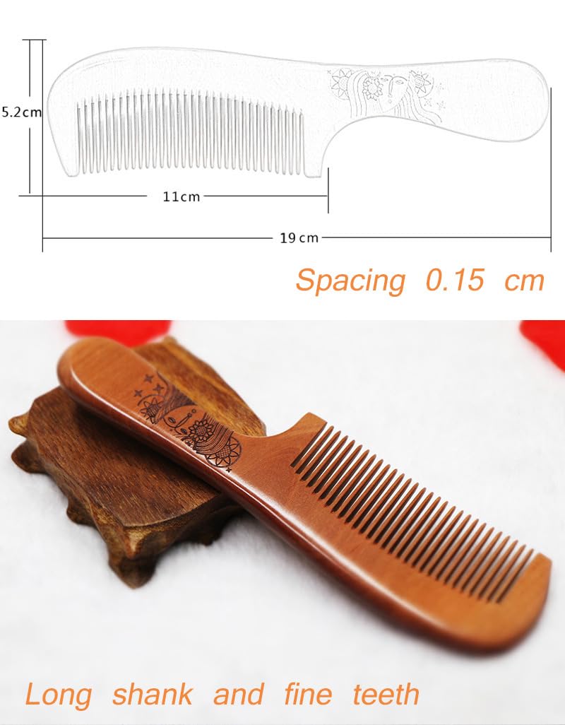 AKOAK 1 Pack Peach Comb, Wooden Fine Tooth Comb, Anti-static Hand Carved Pattern Pocket Size Travel Beard Comb, Hair Massage Tool Care Accessories, Suitable for Women, Men, Children