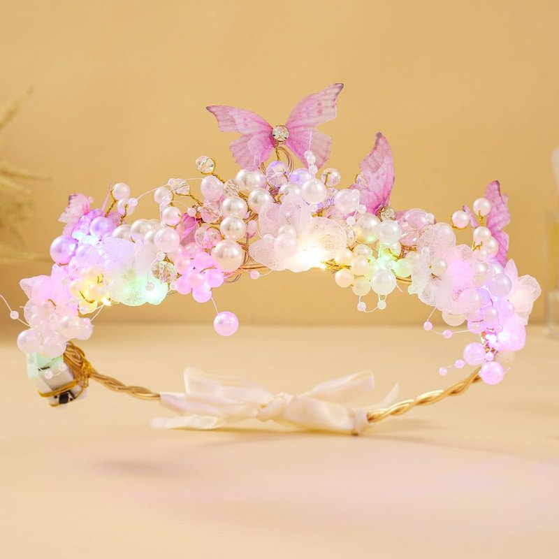Yean Light up Butterfly Crown Flower Fairy Headband Gold Hair Accessories for Women and Girls