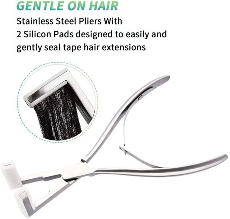 Hair Extensions Tools Kit, Professional Tape in Hair Sealing Pliers Flat Surface Hair Extension Plier Tools with Double Sided Replacement Adhesive Tape Tabs -Silvery