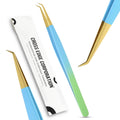 Cross Edge Corporation Lash Extension Tweezers 14cm — Curved Isolation Tip for Classic Lashes & Individual Lash Work | Lightweight Stainless Steel | Blue & Green with Gold Tip Finish