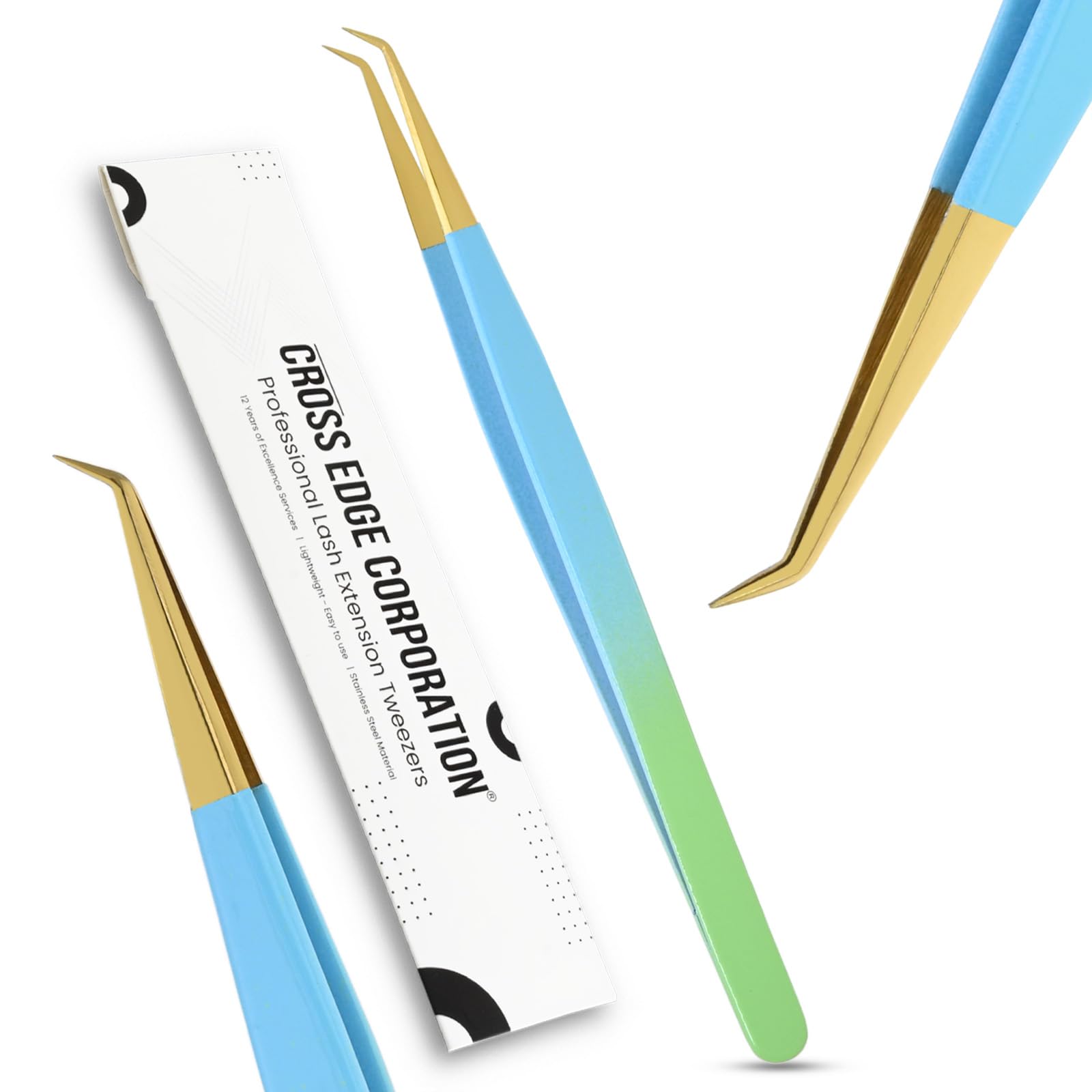 Cross Edge Corporation Lash Extension Tweezers 14cm — Curved Isolation Tip for Classic Lashes & Individual Lash Work | Lightweight Stainless Steel | Blue & Green with Gold Tip Finish