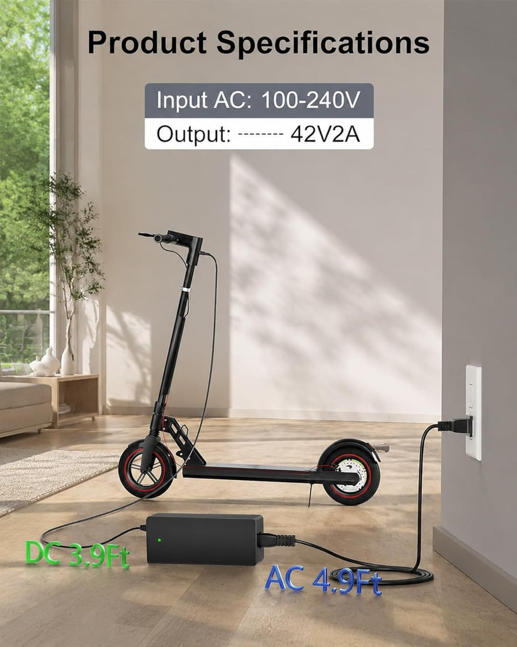 WUKUR 42V 2A Charger for Gotrax Electric Scooters Compatible with GoTrax GXL V2, G2, G3, G4, Apex, Glider, XR Elite, XR Ultra, Power Supply Adapter for 36V Lithium-ion Battery, 8.8Ft
