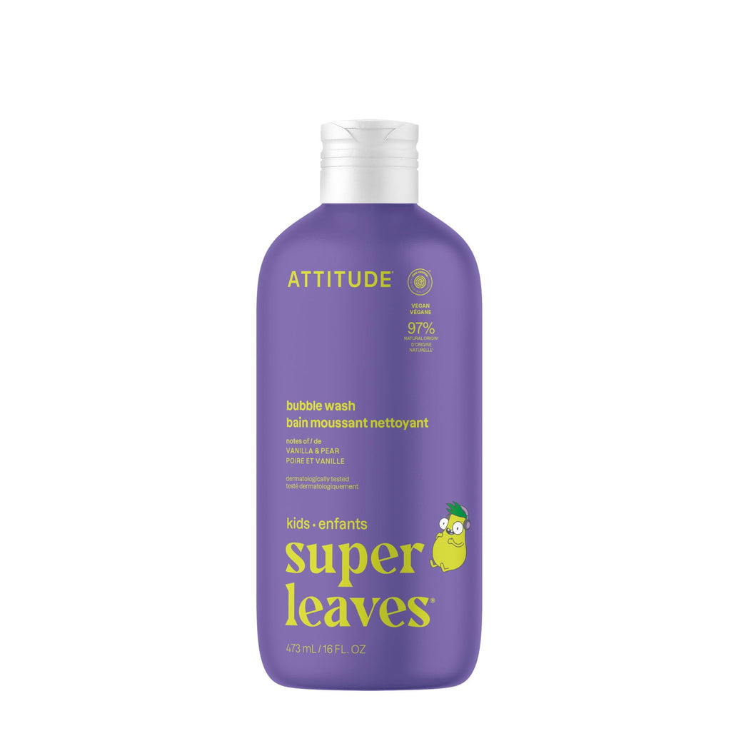 Attitude Bubble Wash for Kids, EWG Verified Bubble Bath, Hair Shampoo and Body Soap, Dermatologically Tested, Plant- and Mineral-Based, Vegan, Vanilla & Pear, 16 Fl Oz