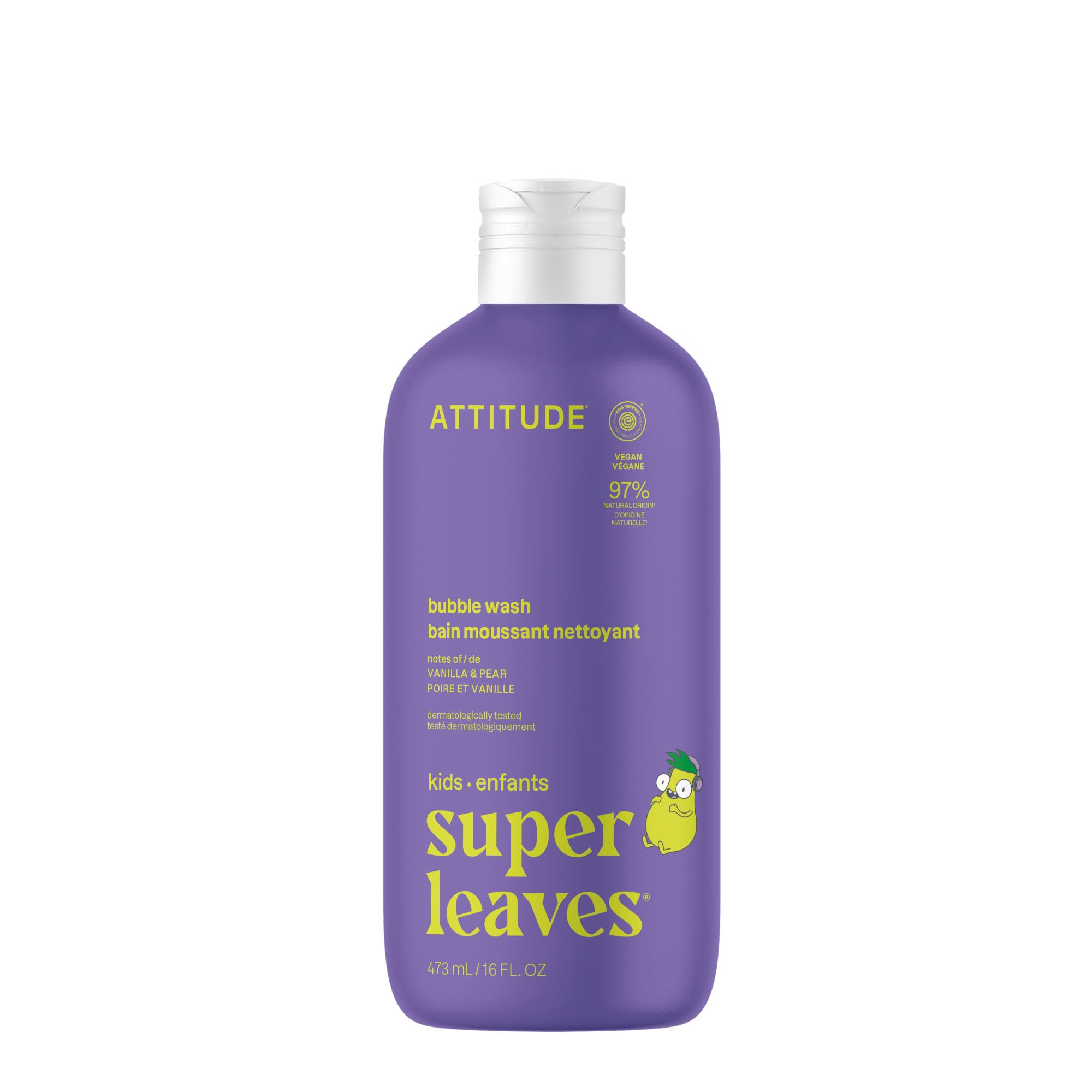 Attitude Bubble Wash for Kids, EWG Verified Bubble Bath, Hair Shampoo and Body Soap, Dermatologically Tested, Plant- and Mineral-Based, Vegan, Vanilla & Pear, 16 Fl Oz