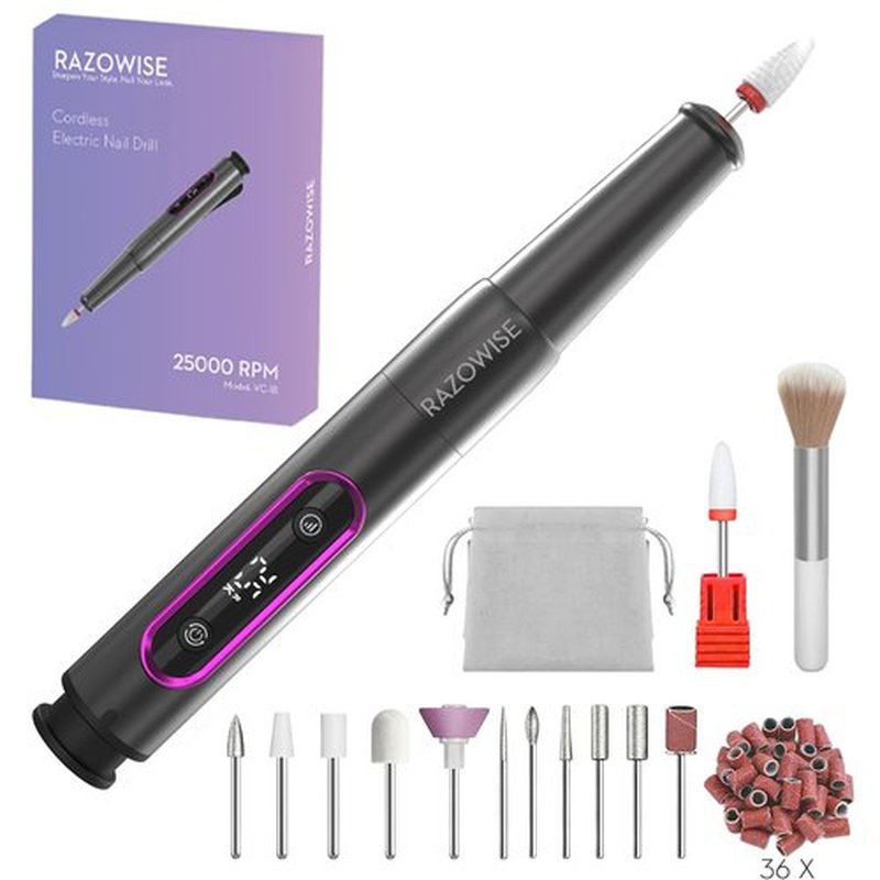 RAZOWISE Electric Nail Drill: Professional for Acrylic Gel Powder Nails Portable Nail Drill for Manicure Pedicure Nail Efile 5 Speeds 12 in 1 with LED Display Rechargeable, Grey
