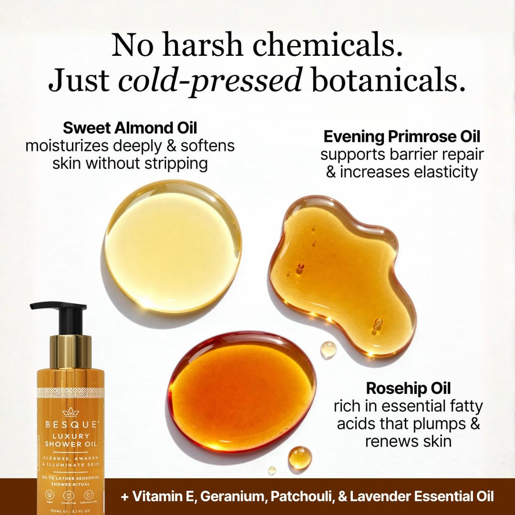 Besque Luxury Shower Oil, 5.1 FL OZ, Natural Hydrating Body Wash for Women with Sweet Almond, Rosehip & Evening Primrose & Vitamin E, Gentle Oil Cleanser for Sensitive, Dry & Aging Skin - Pack of 1