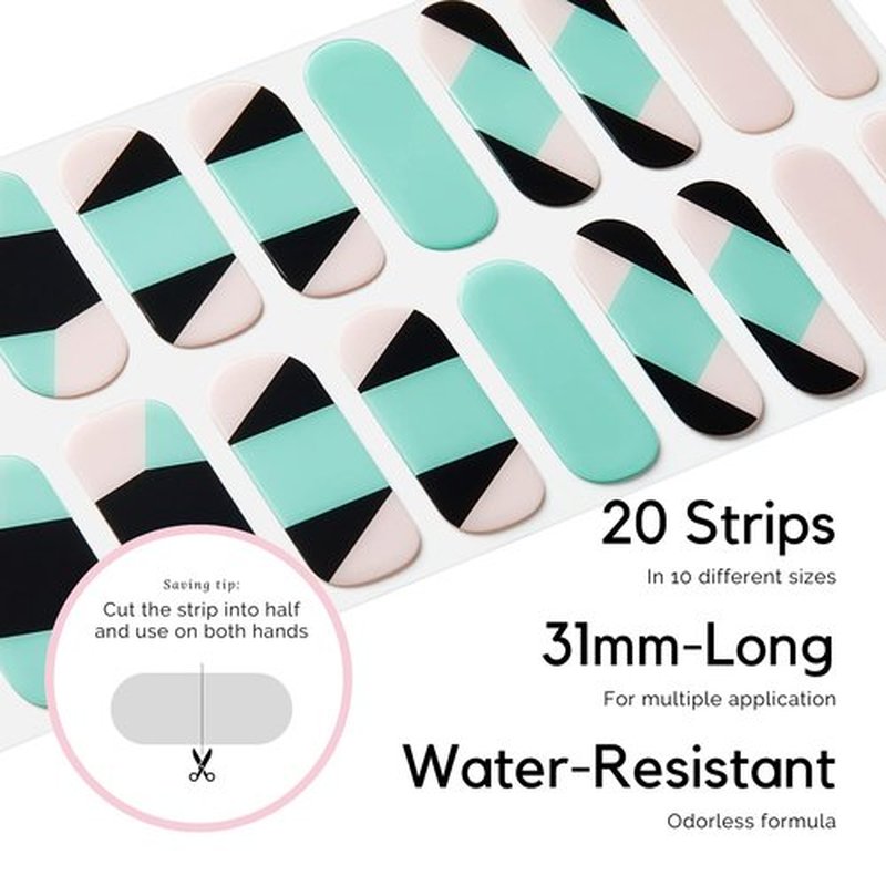 NAILOG Semi Cured Gel Nail Strips, 20Pcs Long Lasting Light Green Black Color Block Gel Nail Stickers, Salon Quality Easy Apply & Remove Works with Any UV/LED Nail Lamps, Three