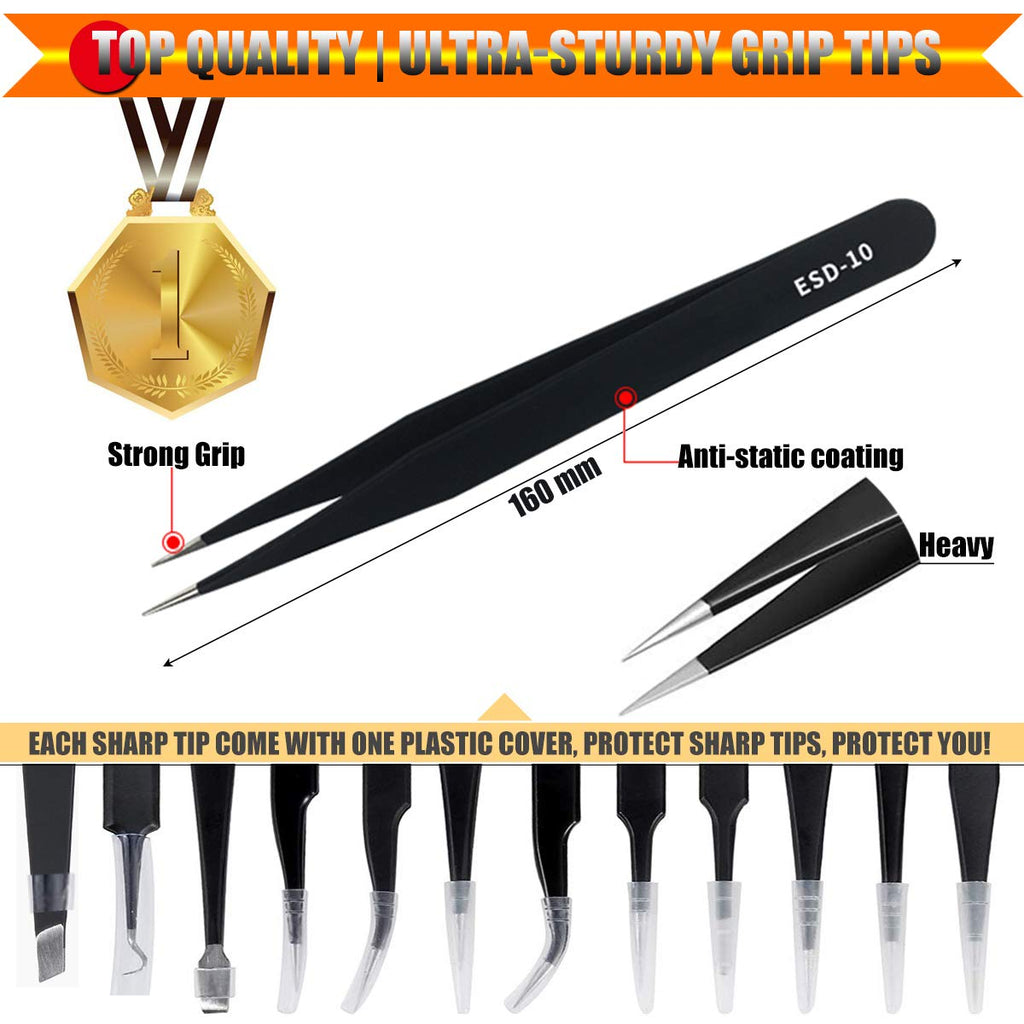 Antonki 12 Pack Precision Tweezers Set for Craft, Soldering, Jewelry, Facial Hair, Eyebrow, Ingrown Hair Removal, Eyelash Extension- with Case