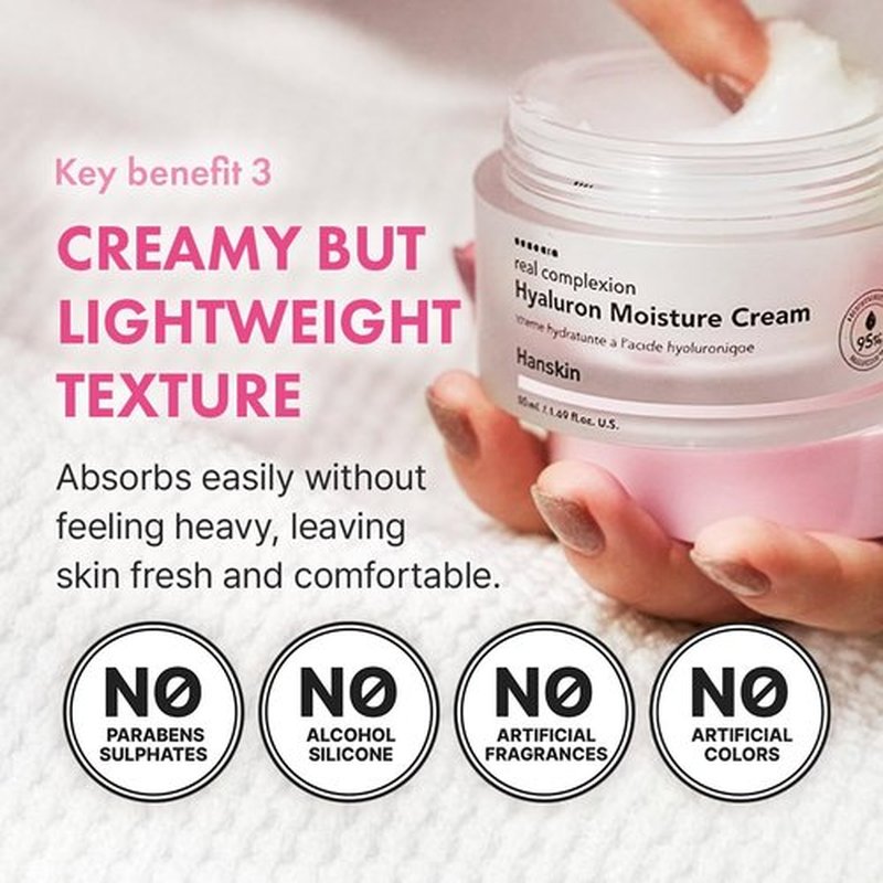 Hanskin Hyaluron Moisture Cream - Hydrating Korean Cream for Glass Skin | Lightweight Formula with Hyaluronic Acid, Niacinamide & Vitamin E | Ideal for Sensitive & Dry Skin (1.69 fl oz)