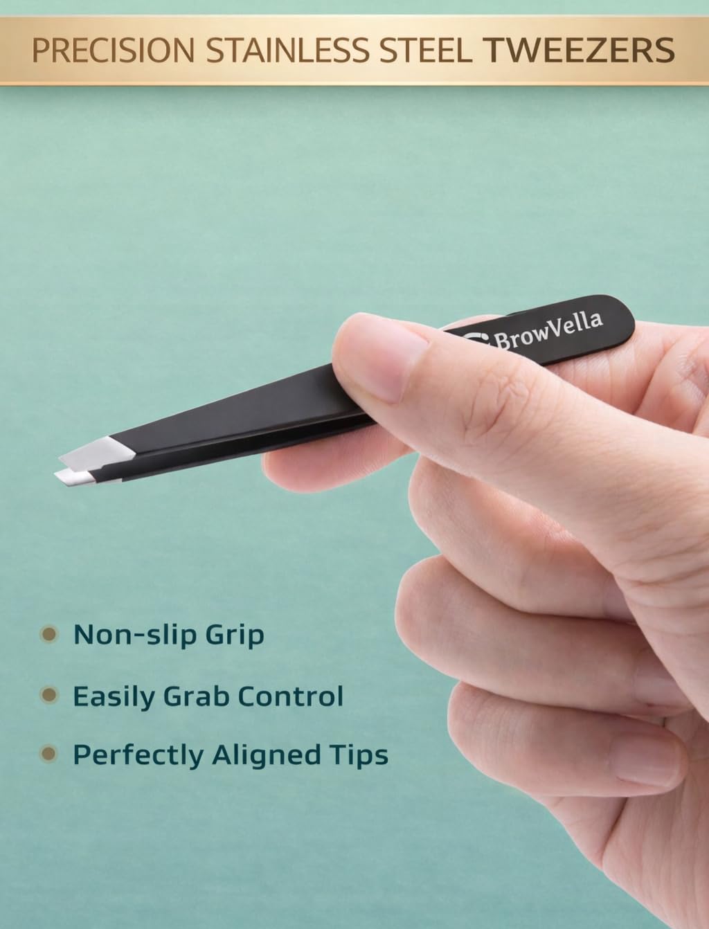 BrowVella Precision Slant Tip Tweezers for Eyebrows - Black