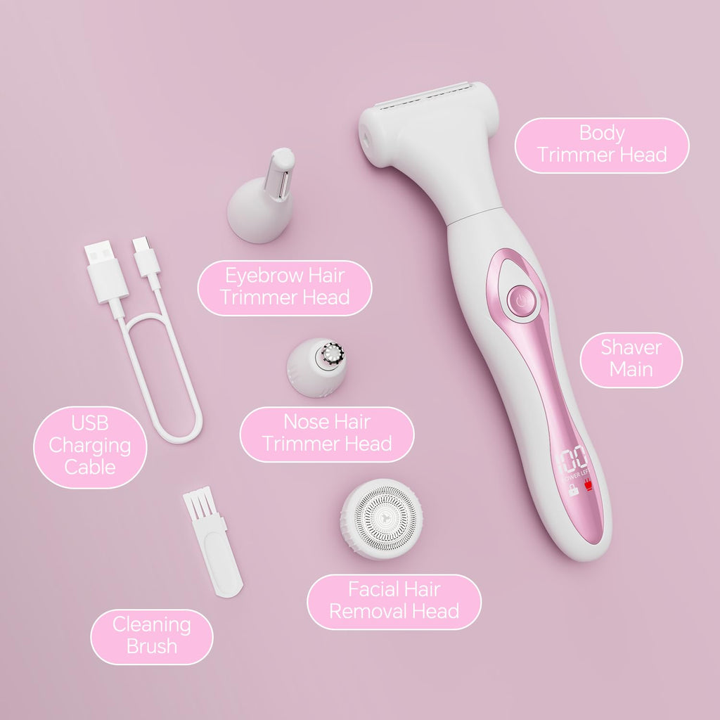 Electric Razor for Women 4-in-1 Bikini Trimmer & Body Shaver for Face, Legs, Underarms, Pubic Hair – Rechargeable Wet/Dry Painless Hair Removal with LED Display (Pink)