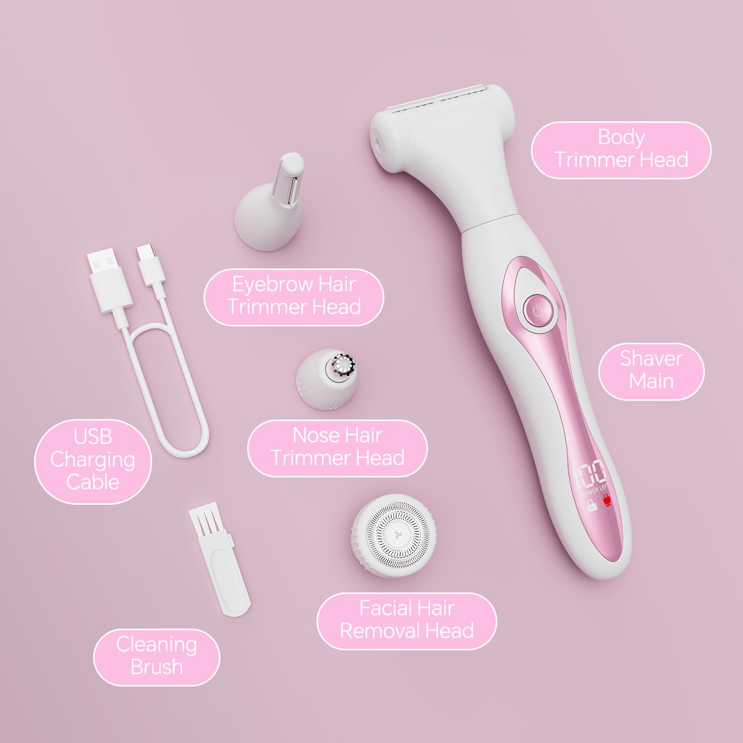 Electric Razor for Women 4-in-1 Bikini Trimmer & Body Shaver for Face, Legs, Underarms, Pubic Hair – Rechargeable Wet/Dry Painless Hair Removal with LED Display (Pink)