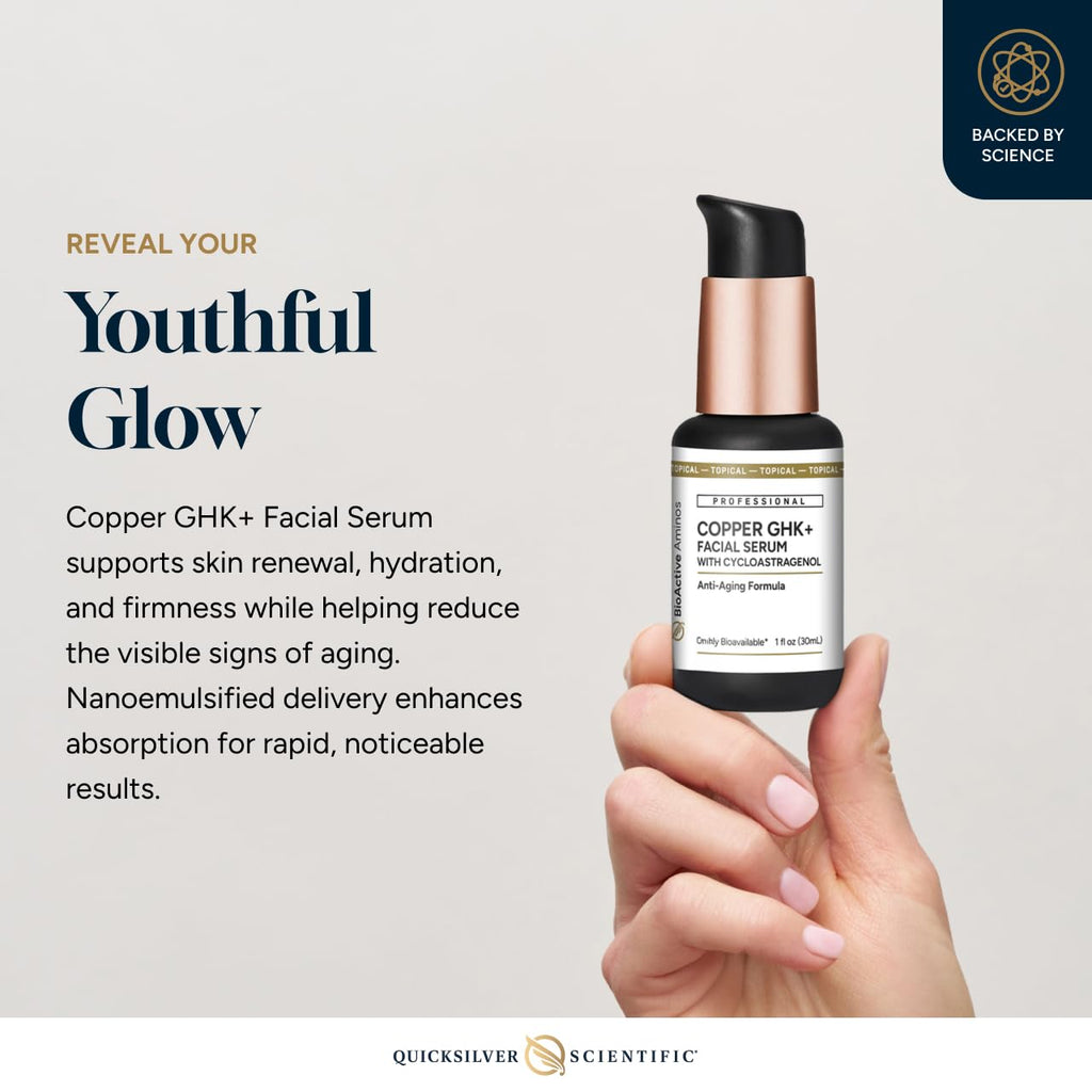 Quicksilver Scientific Copper GHK+ Facial Serum with Cycloastragenol - Copper Peptide Serum for Healthy Skin Support - Smooth Complexion & Glow - Gluten-Free, Vegan & Non-GMO - 1 fl oz