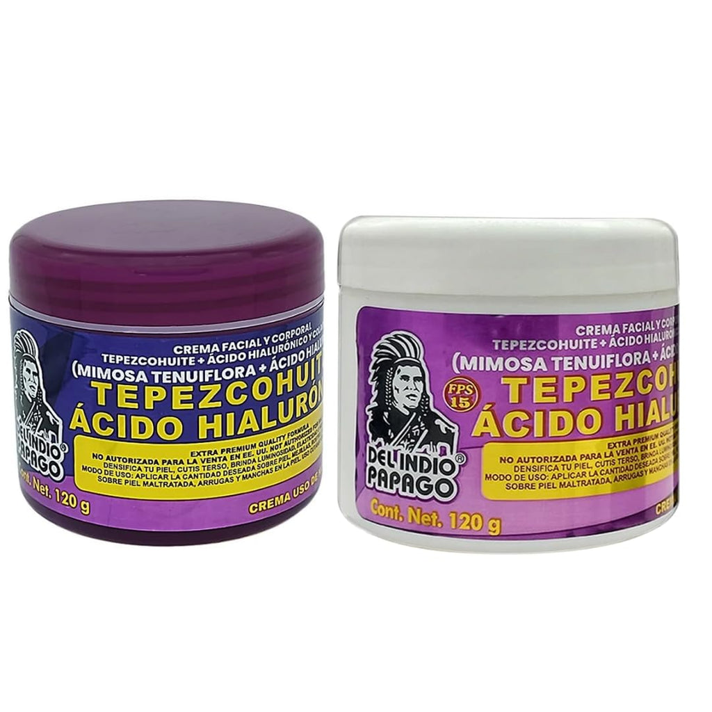 Del Indio Pápago Tepezcohuite + Hyaluronic Acid Facial Cream Duo – Day & Night Use, Hydrating & Nourishing Formula with Mimosa Tenuiflora, 120g Each (JUMBO 2 Pack)