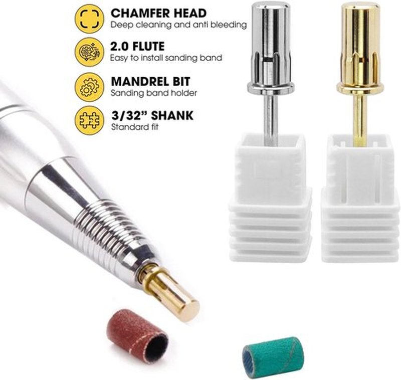 Bestgle 2Pcs Nail Art Easy-Off Mandrel Bit 3/32Inch Shanks, Fast Remove Acrylic or Hard Gelfor Manicure Tool Accessory Sanding Band Mandrel for Electric Nail File