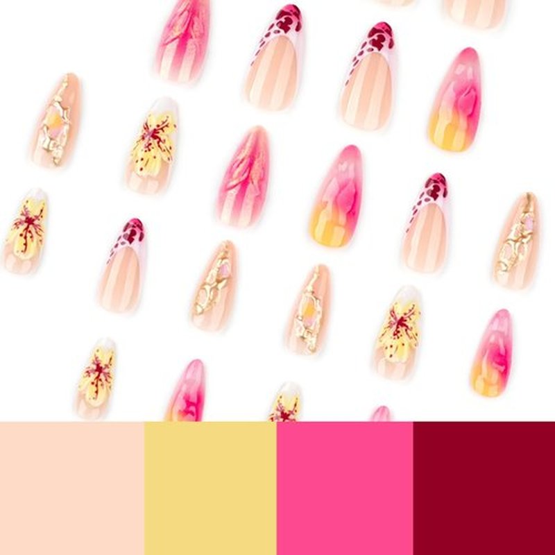 Medium Almond Press on Nails French Tip Fake Nails with 3D Flower Design Full Cover False Nails for Women 24 Pcs (Pink-38, M-38)
