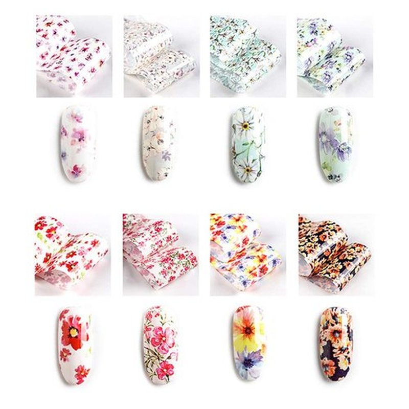 SILPECWEE 50 Sheets Foil Nail Art Transfer Stickers Tips Laser Flower Marbling Solid Color Nail Wraps Decals Starry Sky Star Manicure DIY Tools