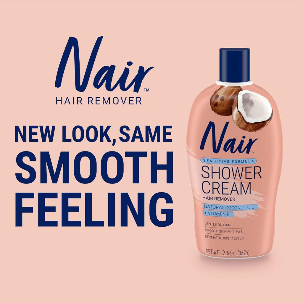 Nair Sensitive Formula Shower Cream Hair Remover with Coconut Oil and Vitamin E, 12.6oz (Pack of 2)