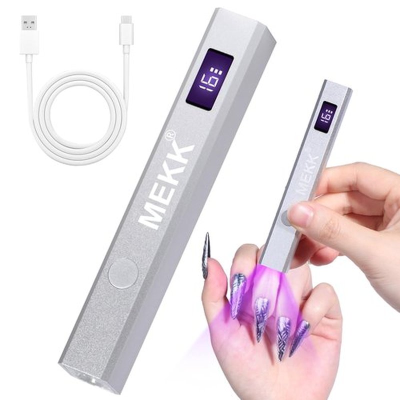 MEKK Metal Handheld UV Light for Gel Nails,Mini UV LED Nail Lamp with LED Screen and Cordless Flash Cure Nail Lamp with Visible Timer,Portable Nail Light for Beginners,Travel,Home- Silver